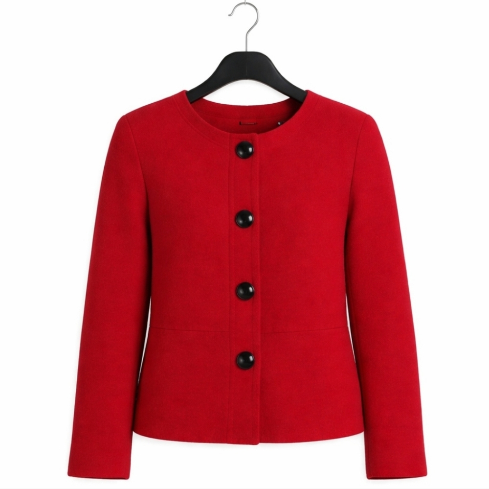 Evan Piccone Red Wool Classic Button Up Collarless Jacket Sz Med